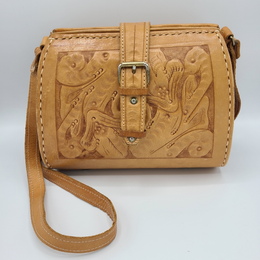 Vintage Tooled Leather Crossbody Bag Doctors Bag Tan Brown Made in Paraguay